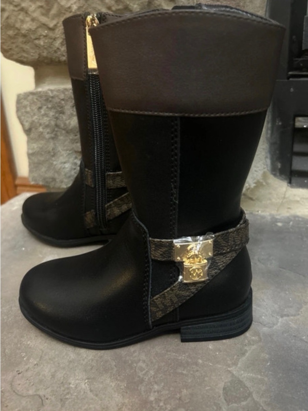 Michael Kors Girls Riding Boots Black Brown MK Logo Gold Lock NEW Size 7
